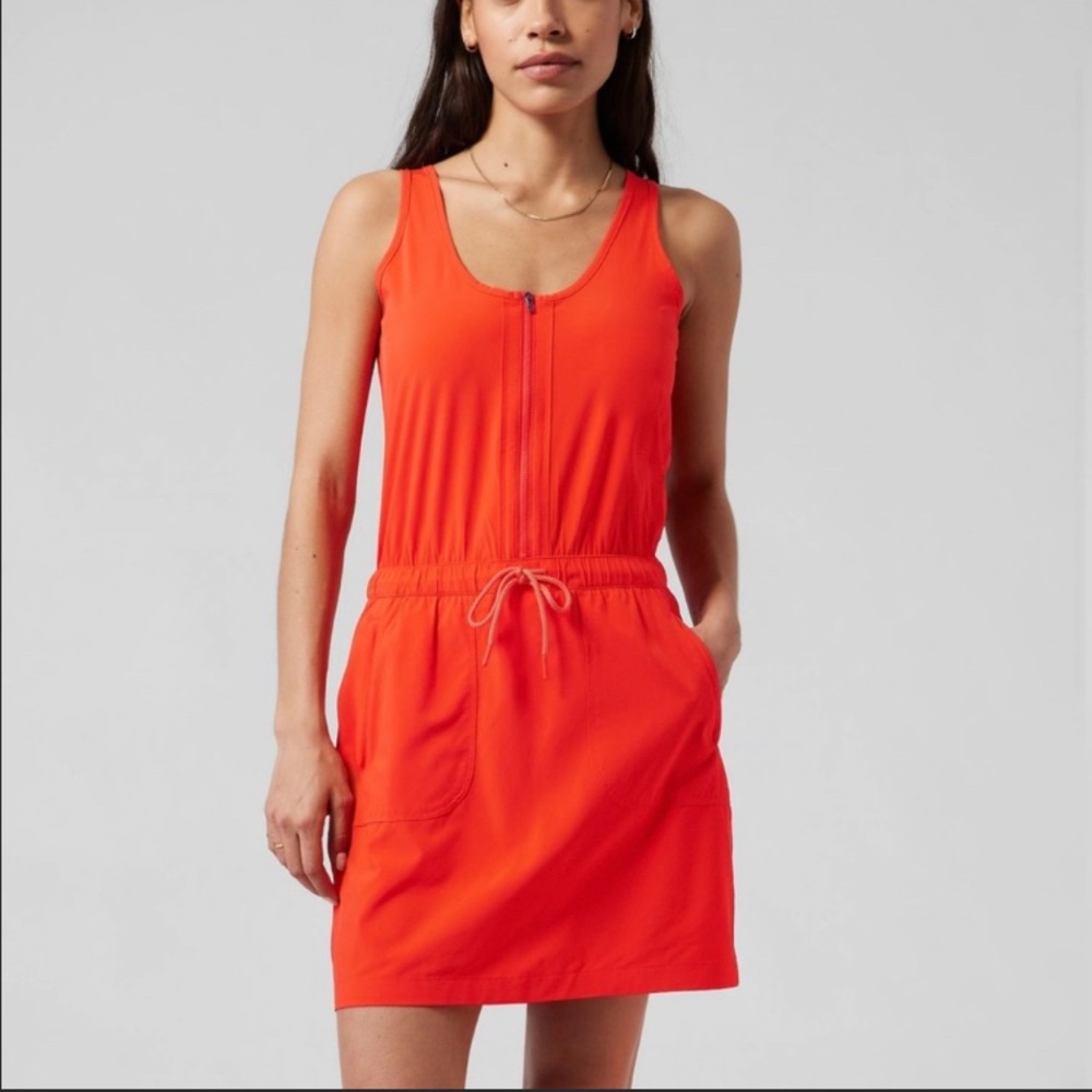Athleta Orange Sleeveless Zip-Front Drawstring Dress